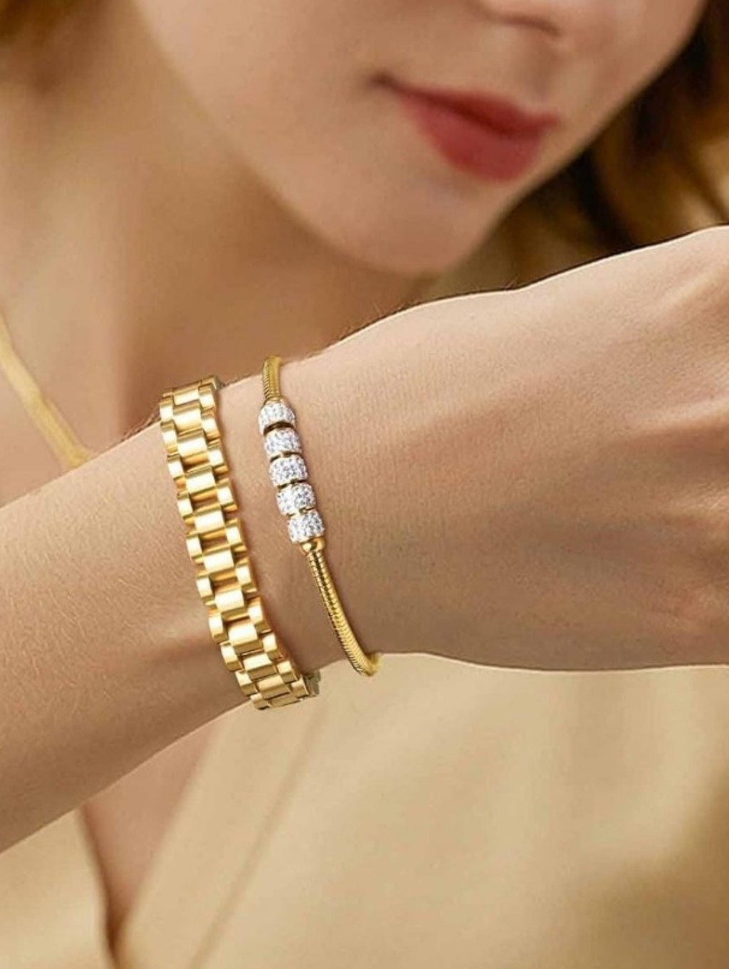 2pcs 18k Gold Plated Chain Link Bracelet 2 Colors, Stainless Steel & Crystal